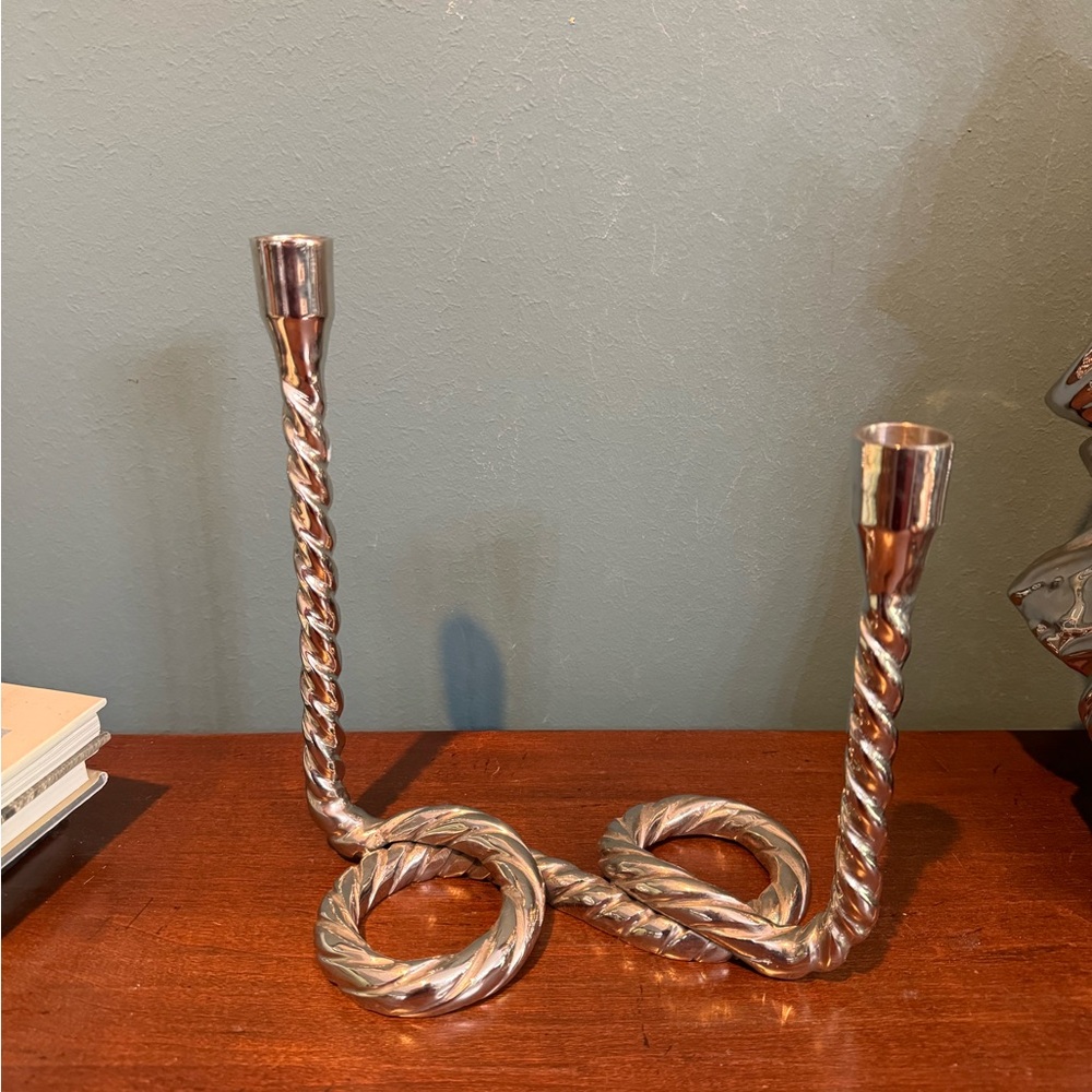 West Elm Silver Tone Rope Design Double Taper Candle Holder Centerpiece Modern